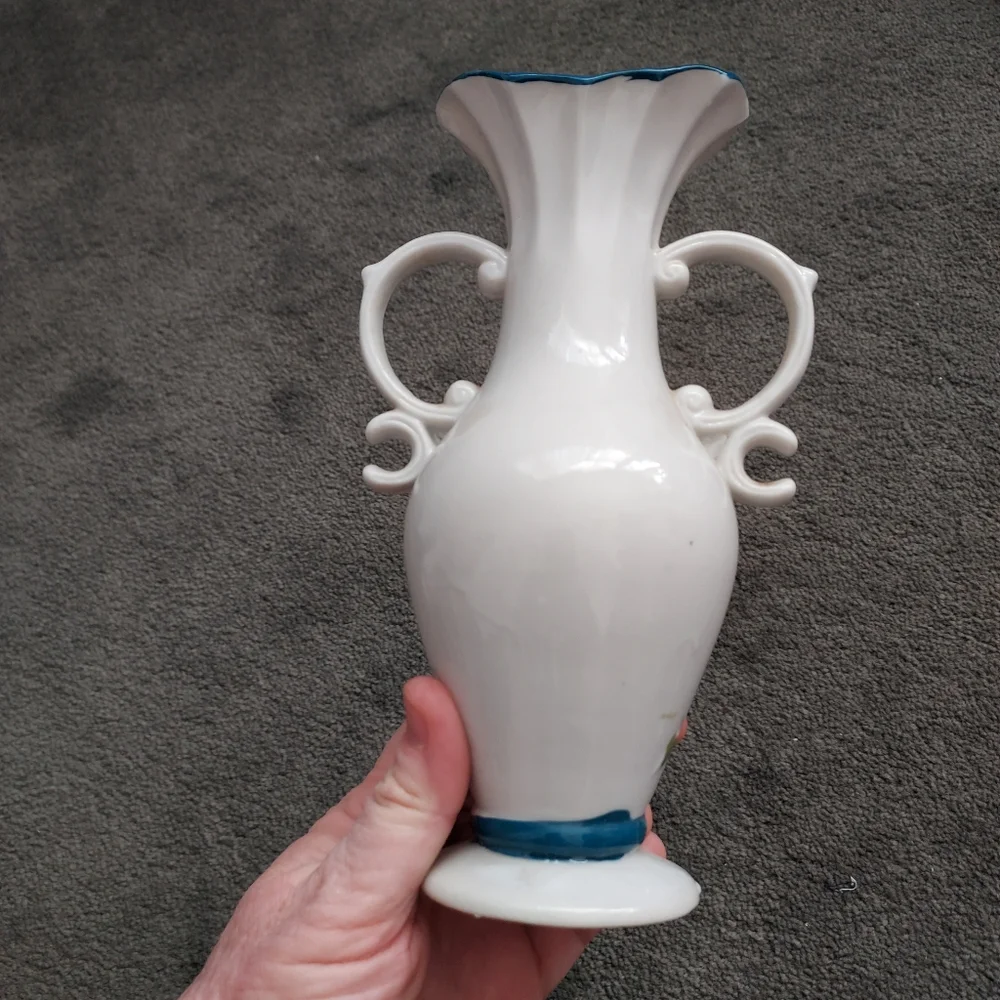 Victorian Style Floral Ceramic Vase with Blue Accents Grandmacore Cottagecore